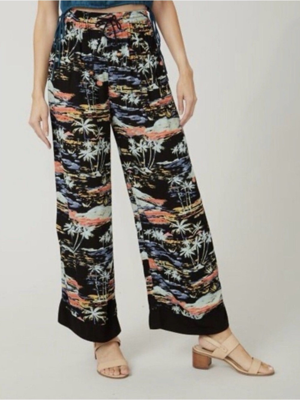 Intimately by Free People Blue Lagoon Black Tropical Wide Leg Pants EUC